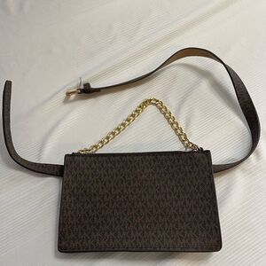 Michael Kors Brown MK Signature Waist Bag Fanny Pack Belt Small Gold Chain